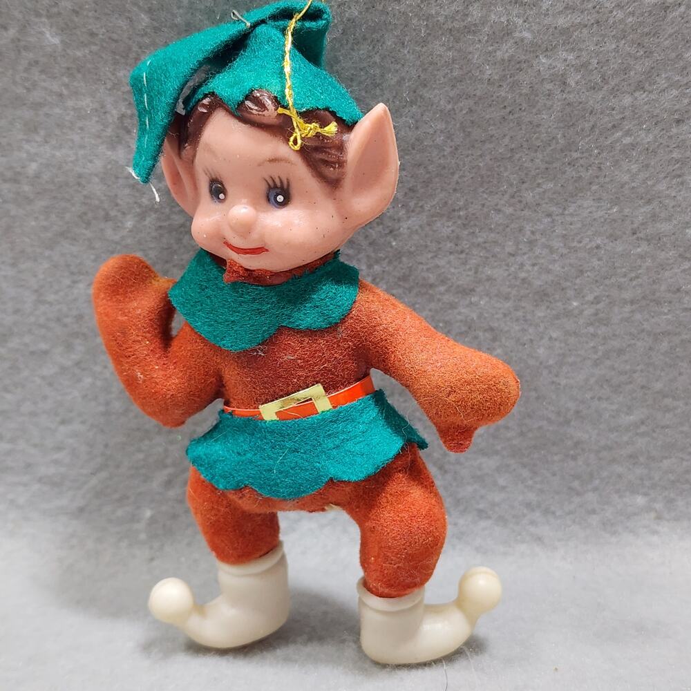 Flocked Pixie Elf Christmas Ornaments Vintage 1950s-1970s MCM Whimsical Kitschy